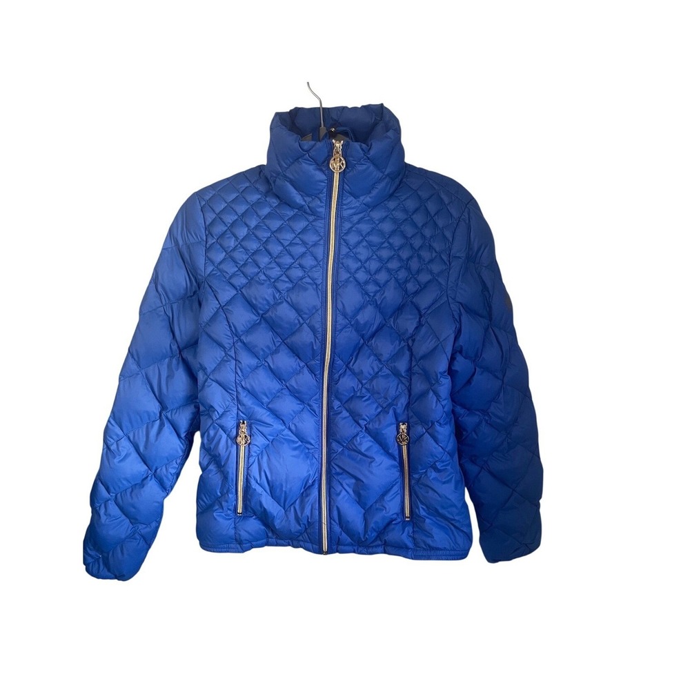 Michael Kors Womens Packable Down Puffer Jacket Blue Diamond Quilted Gold Zip‎ M
